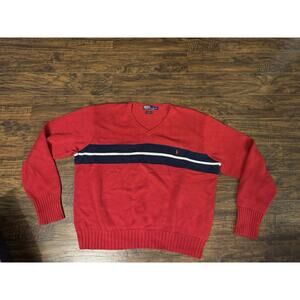 Vintage Polo Ralph Lauren Sweater Mens 2XL Red Striped V-Neck Knit Pony Pullover